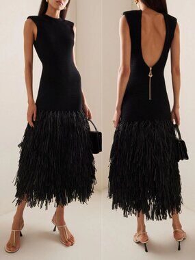 Aje Rushes Raffia Midi Dress Black Ribbed Knit Fringe NWT Size M